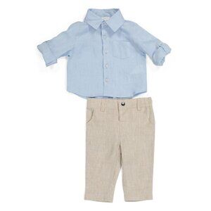 MINICLASIX Blue Infant Boys Linen Shirt And Pants Set